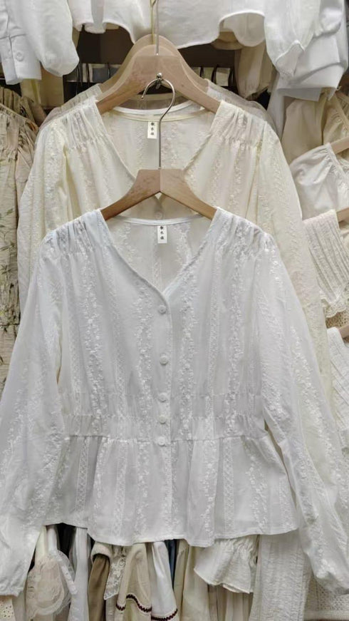 Cotton Embroidery Buttons Down Tops